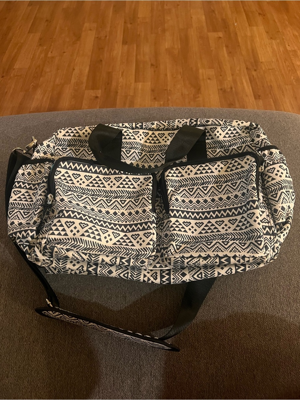 Printed Black & White Travel Duffel Bag with Dual Front Pockets